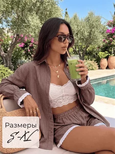 Костюм шорты и рубашка в полоску с кружевом