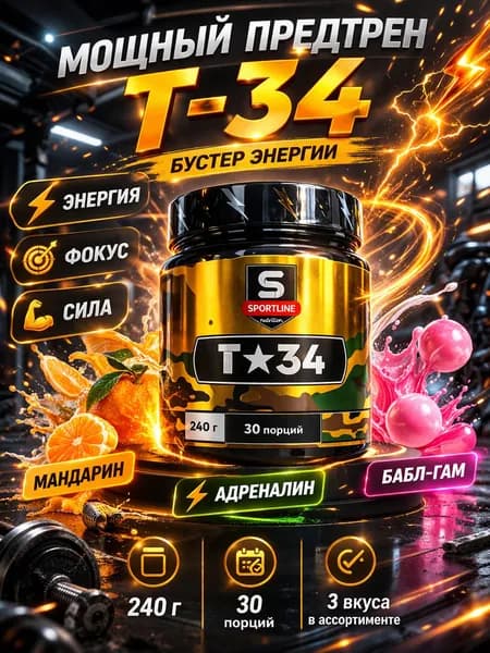Предтренировочный комплекс SportLine Nutrition T-34 240g (Баббл-гам), спортивное питание