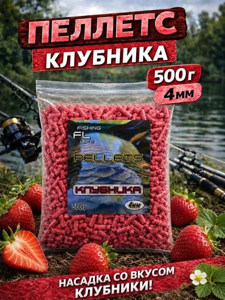 Пеллетс для рыбалки Клубника 500 г, гранулы 4 мм для прикормки, фидера, карпа и карася