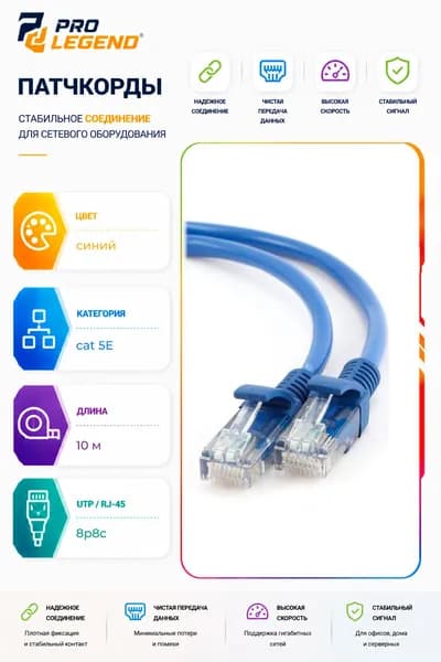 Патчкорд UTP кат.5E RJ-45 вилка <--> RJ-45 вилка, синий, 10 м.