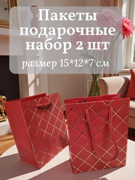 Пакеты подарочные красные с золотым ромбом, набор 2 штуки, размер15*12*7см