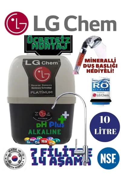 LG Chem Platinum система обратного осмоса, 10 литров, 7 фильтров и 14 ступеней очистки. В комплект входит насадка для душа, бесплатная установка и кран для питьевой воды на кухню.