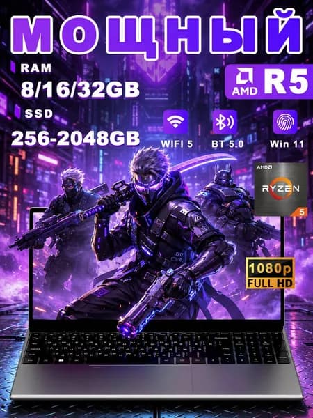 Ноутбук 15.6", AMD Ryzen 5 2500U, RAM 8 ГБ, SSD 256 ГБ, AMD Radeon Vega 8, Windows Pro, серый металлик, Русская раскладка