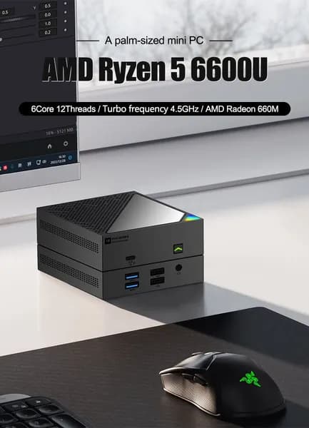 Мини-ПК AMD R5 6600U  мини ПК (AMD Ryzen 5 6600U, RAM 16 ГБ, AMD Radeon, Windows 11 Pro), 中国, черный