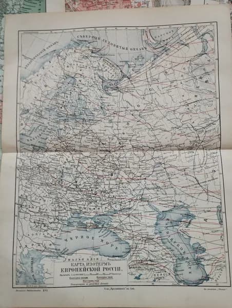 Географическая карта антикварная. Изотермы России. 1905 год