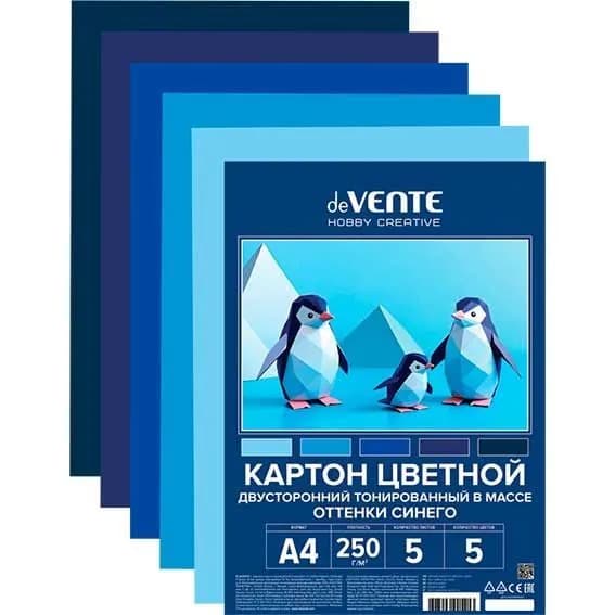 Картон цветной двусторонний тонированный А4 5л 5цв deVENTE 8114532, оттенки синего, пластиковый пакет, европодвес