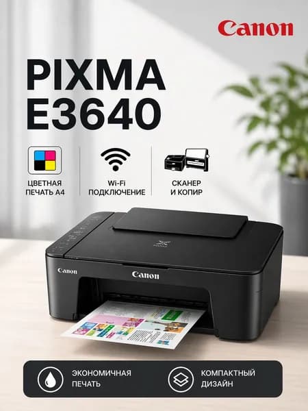Canon МФУ Струйное Canon Pixma E3640 Wi-Fi + сканер + копир Цветной многофункциональный струйный принтер, черный