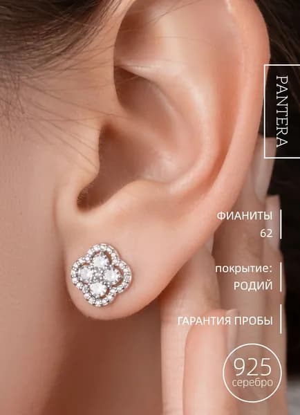 PANTERA Серьги серебро 925 гвоздики с камнями