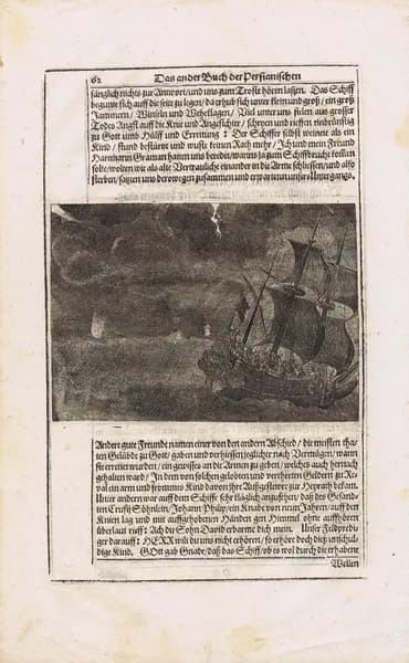 Адам Олеарий. Шторм в Балтийском море. Антикварная гравюра (офорт). Шлезвиг, 1663 г.