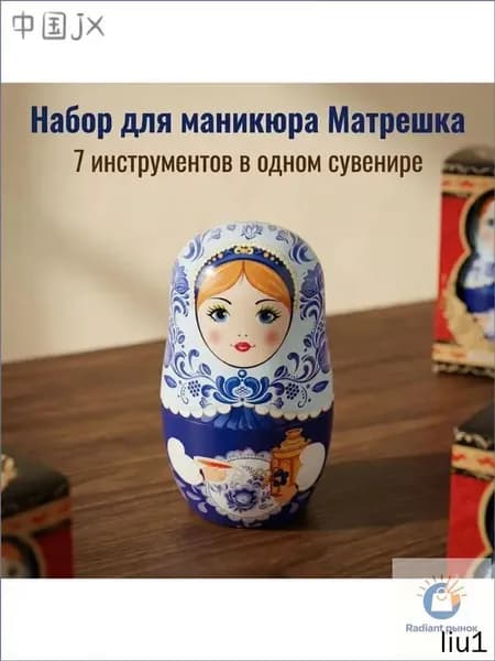Эксклюзивный комплект маникюрных принадлежностей в матрешке: премиальные кусачки, пилочки и аксессуары с русским дизайном собраны.