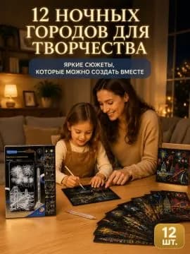 Набор скретч-карточек для рисования из 12 предметов: карточки с черным покрытием и металлическая палочка Ночные города мира