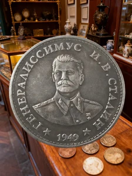 Это памятная монета с портретом Иосифа Виссарионовича Сталина.