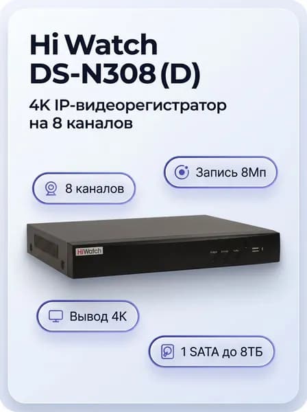 Регистратор для видеонаблюдения HiWatch Видеорегистратор сетевой DS-N308(D) 8 каналов IP до 8 Мп SATA до 8 ТБ