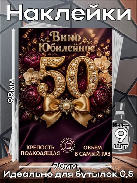 Этикетки самоклеящиеся наклейки на бутылку Вино 50 Юбилей 1,70*99 мм, 9 шт