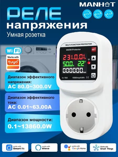 Умная розетка с мониторингом потребления и защитой от перегрузок Tuya WiFi