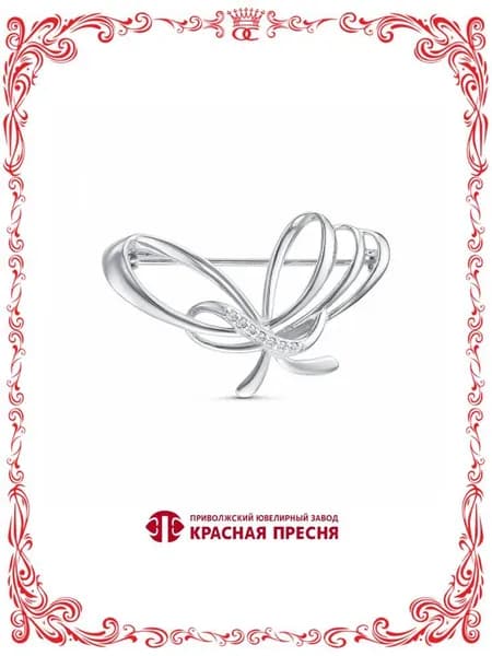 Серебряная брошь Бантик с круглыми фианитами Б13811640Д