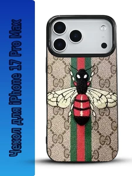 Гуччи(Gucci) чехол на iPhone 17 Pro Max с рисунком,черный глянцевый ударопрочный силиконовый