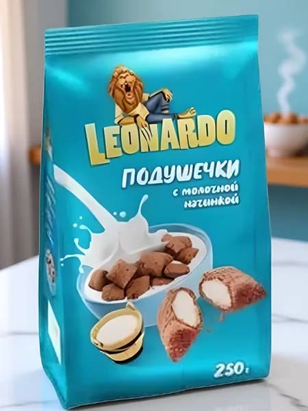 Готовый сухой завтрак Leonardo Хрустящие шоколадные подушечки со злаками и натуральной молочной начинкой, 250 гр, Россия