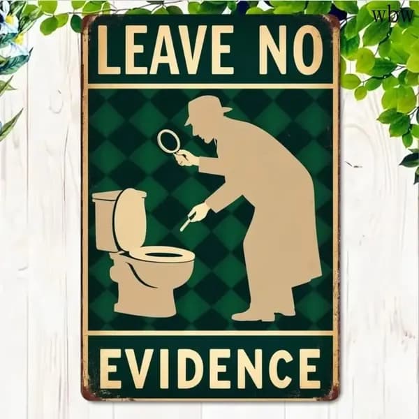 Табличка Детектив с лупой у унитаза, слоган "Leave no evidence", зелено-черный дизайн, ретро стиль, металл, декор для ванной.