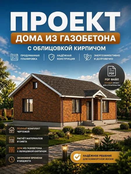 Проект одноэтажного дома из газобетона с облицовочным кирпичом, площадь 60 м.кв., П-5