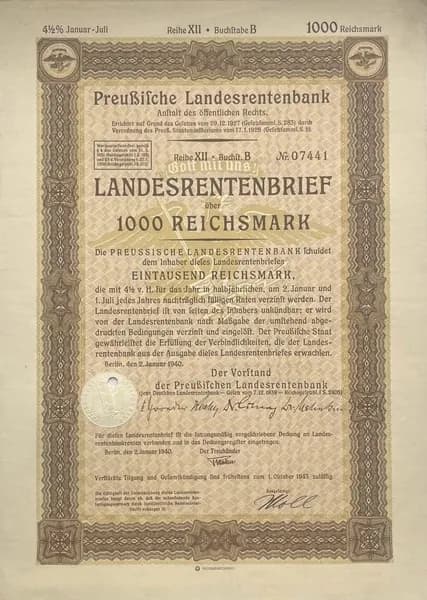 Акция 1000 рейхсмарок Германия 1940 года.