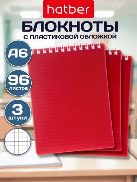 Блокнот на гребне в клетку A6 96 л Hatber Horizon, красный