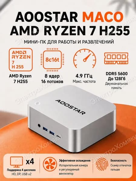 AOOSTAR Мини-ПК (AMD Ryzen 7 255, RAM Отсутствует, AMD Radeon 780M, Без ОС), серебристый
