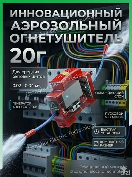 Автономная установка аэрозольного пожаротушения, автоматический огнетушитель для автомобиля, электрощита и ИБП, крепление на DIN-рейку, термоактивирующийся, 20г