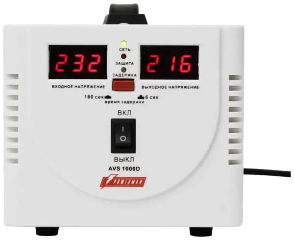 Powerman AVS-1000D Стабилизатор напряжения AVS-D Voltage Regulator 1000VA, Digital Indication, 2x Schuko Outlets, 1m Power Cord, 230V, 1 year warranty, White