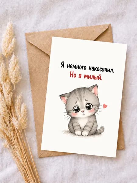 Открытка "Я немного накосячил, но я милый" 10х15 см с конвертом, милая открытка с котиком, для извинения