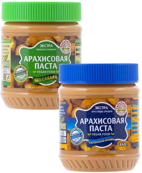 Арахисовая паста Экстра без сахара, с кусочками 340 г * 2 шт