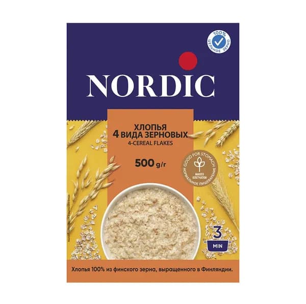 92. Хлопья Четыре вида зерновых , Nordic, 500 г, Россия