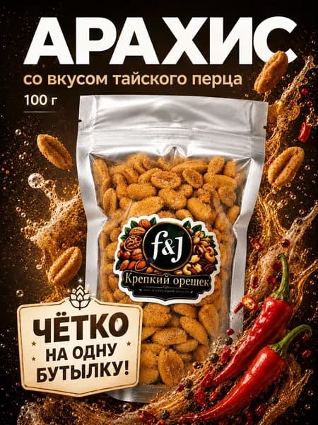 Арахис жареный со вкусом тайского перца F&J "Крепкий орешек", 100 г - солёный снек к пиву, хрустящий перекус, четко на одну бутылку