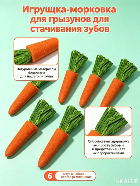 Игрушка для грызунов морковка, набор для стачивания зубов для кроликов / хомяков и шиншилл, натуральный аксессуар в клетку, 6 шт