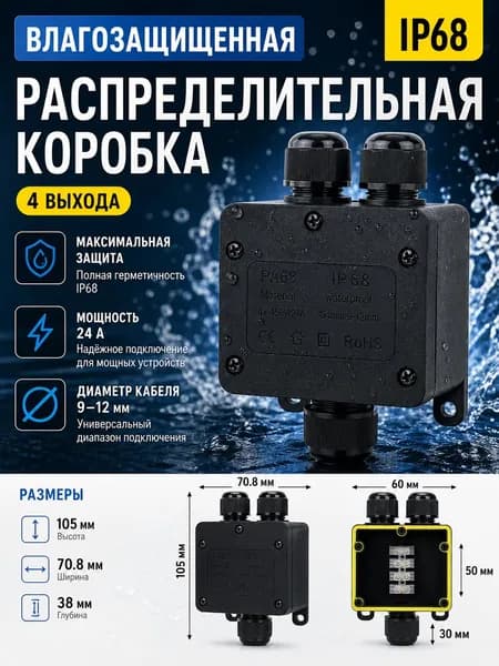 Распределительная коробка IP68 уличная водонепроницаемая с муфтой соединительной