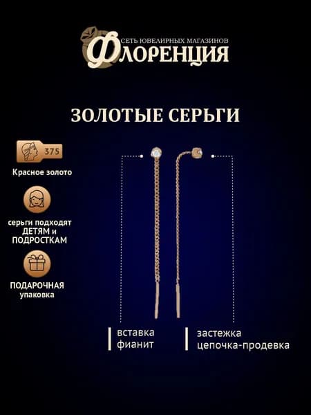 Серьги женские из красного золота с камнем фианит 375 пробы