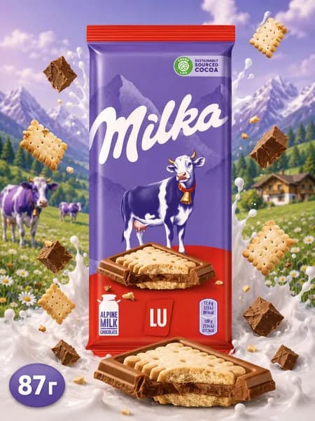 Milka, Шоколад молочный с печеньем Lu, 87 г