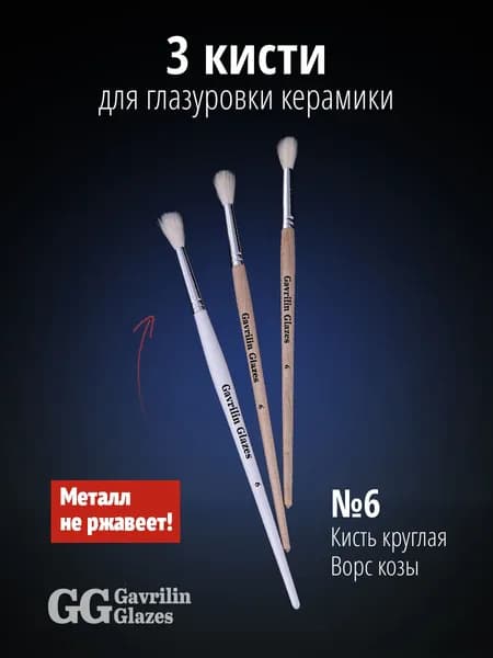 Набор кистей №6 Gavrilin Glazes для глазуровки керамики (коза), 3 шт