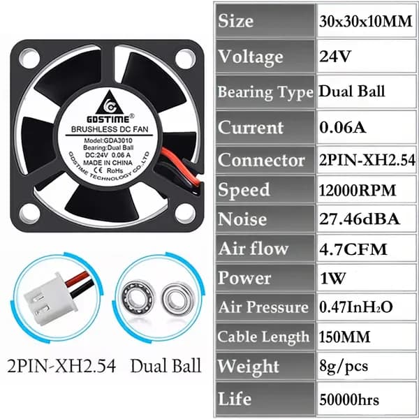 Вентилятор Gdstime DC24V 30x30x10, GDA3010, Dual Ball,1 шт.