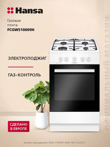 Газовая плита с духовкой Hansa FCGW510009H, белый, 70 л, электроподжиг, газконтроль, 7400 Вт