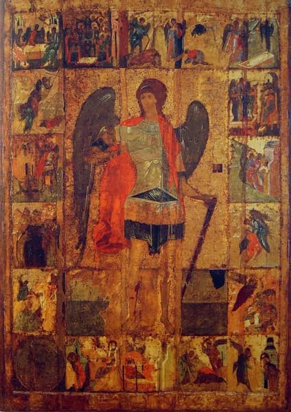 Икона "Архангел Михаил с клеймами " Андрей Рублёв. 1410-1420-е., Репродукция. Формат А3