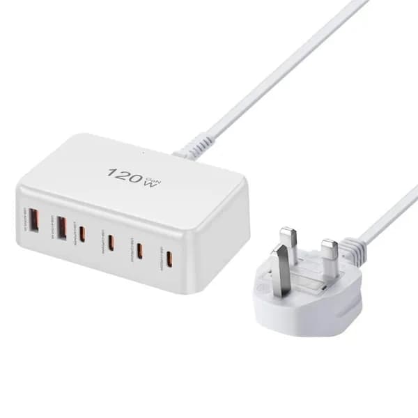 Многопортовое USB C Настольное зарядное устройство USB Зарядный хаб с 120W Компактный дизайн, Белый - UK