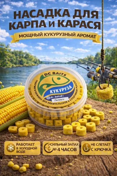 Пеллетс крупный "Кукуруза" для рыбалки, насадка на карпа и карася, аромат до 4 часов, холодная вода