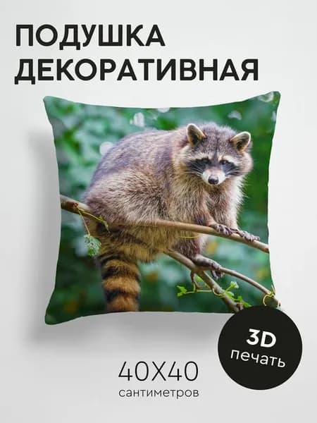 Подушка декоративная, 40x40см Животные енот животное