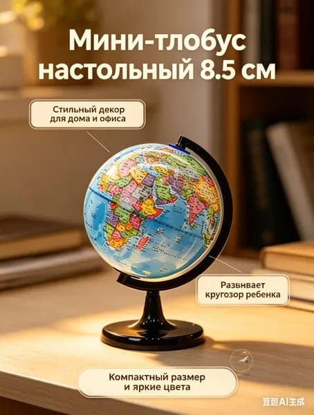 Глобус настольный сувенирный 8.5 см, политическая карта мира - маленький интерьерный глобус для декора, подарок ребенку и в офис