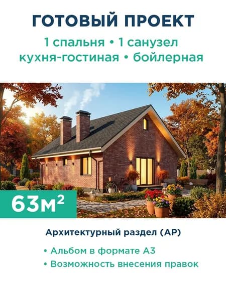 Проект компактного одноэтажного дома 60 м из газобетона с кирпичным фасадом 464-60-1 АР