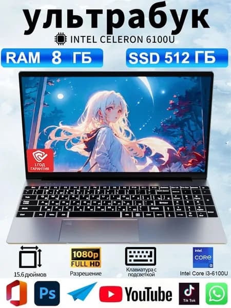 Ноутбук 15.6", Intel Core i3-6100U, RAM 8 ГБ, SSD 512 ГБ, Windows Pro, серебристый, Русская раскладка