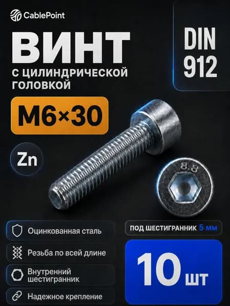 Винт M6 x 6 x 30 мм, головка: Цилиндрическая, 10 шт. 82 г
