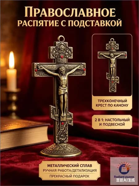 Крест православный настольный с подставкой "Распятие Христово", Металлический крестик на подставке для дома и авто - Религиозный сувенир с эмалью и стразами.
