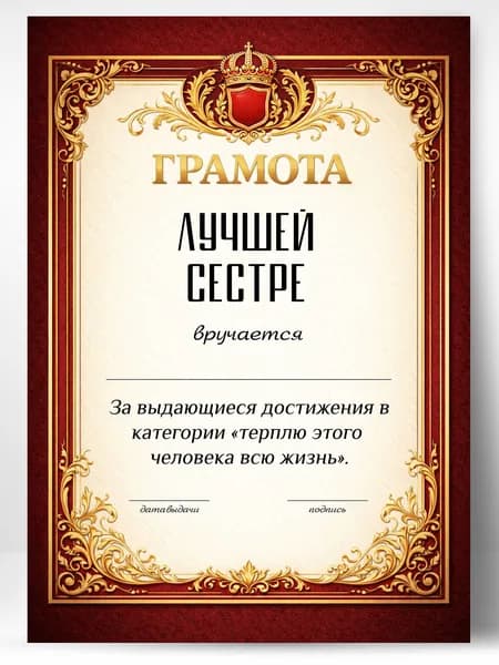 Грамота диплом в подарок - Лучшей сестре